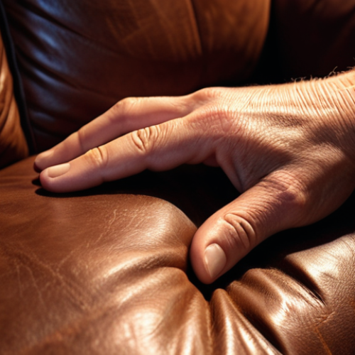 Home 18 Tactile Experience**
A close-up shot of hands gently touching a luxuriously soft leather sofa. Focus on the textures: the smooth, supple leather contrasting with the slight wrinkles and imperfections. Warm, inviting lighting. Maybe a hint of a 3D printed object with unique texture nearby.
**