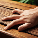Close-up of a hand gently touching a warm wooden surface, highlighting the natural grain and texture, promoting a sense of calm and connection to nature. Earthy tones, soft lighting.