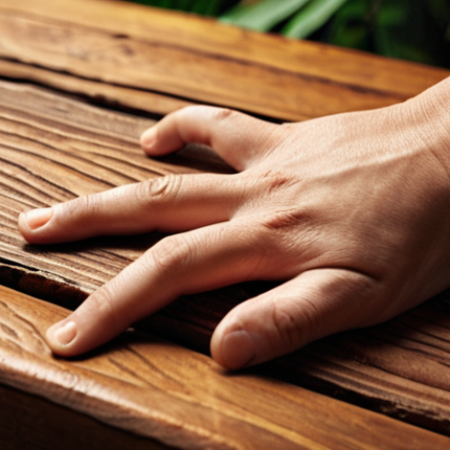 Home 17 Close-up of a hand gently touching a warm wooden surface, highlighting the natural grain and texture, promoting a sense of calm and connection to nature. Earthy tones, soft lighting.