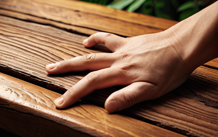 Close-up of a hand gently touching a warm wooden surface, highlighting the natural grain and texture, promoting a sense of calm and connection to nature. Earthy tones, soft lighting.