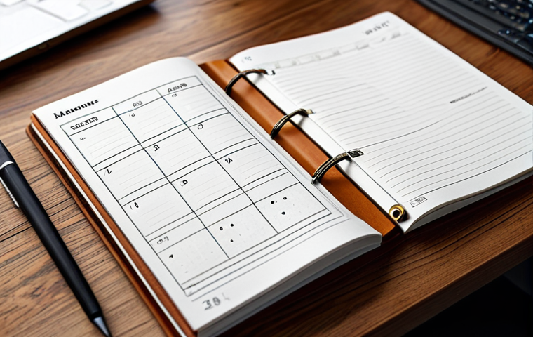 Skewomorphic Interface**
"A beautifully rendered close-up of a digital calendar app interface, designed with elements of skeuomorphism. The calendar appears as a leather-bound notebook with subtly textured pages and slightly raised, tactile-looking buttons. The background is a softly lit, professional workspace with a blurred wooden desk and a glimpse of stationery. Perfect anatomy, correct proportions, well-formed hands (if visible interacting with the interface), proper finger count, natural body proportions, appropriate content, safe for work, fully clothed, professional, modest, high quality, professional photography, realistic textures."
**