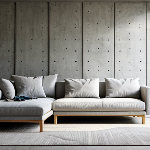 Home 19 **
"A minimalist living room showcasing a concrete wall with a natural wood accent piece. Sunlight streams through a window, highlighting the texture of the concrete. The furniture is simple and functional, crafted from sustainable materials. Fully clothed, appropriate content, safe for work, perfect anatomy, natural proportions, professional interior design photography, high quality, family-friendly."
**