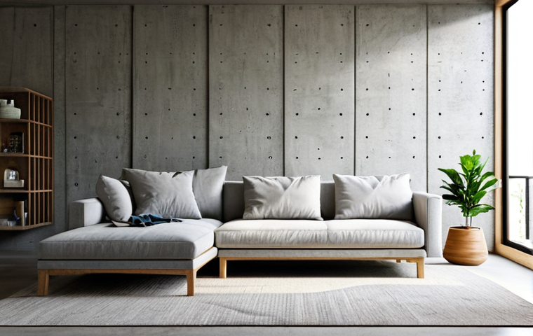**
"A minimalist living room showcasing a concrete wall with a natural wood accent piece. Sunlight streams through a window, highlighting the texture of the concrete. The furniture is simple and functional, crafted from sustainable materials. Fully clothed, appropriate content, safe for work, perfect anatomy, natural proportions, professional interior design photography, high quality, family-friendly."
**