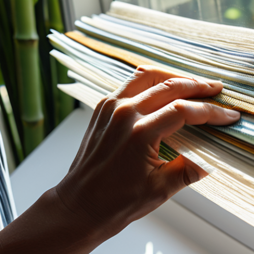Home 6 물성매력 디자인의 사회적 책임 - Sustainable Material Selection**
"Close-up of a designer's hands examining a swatch of recycled pla...