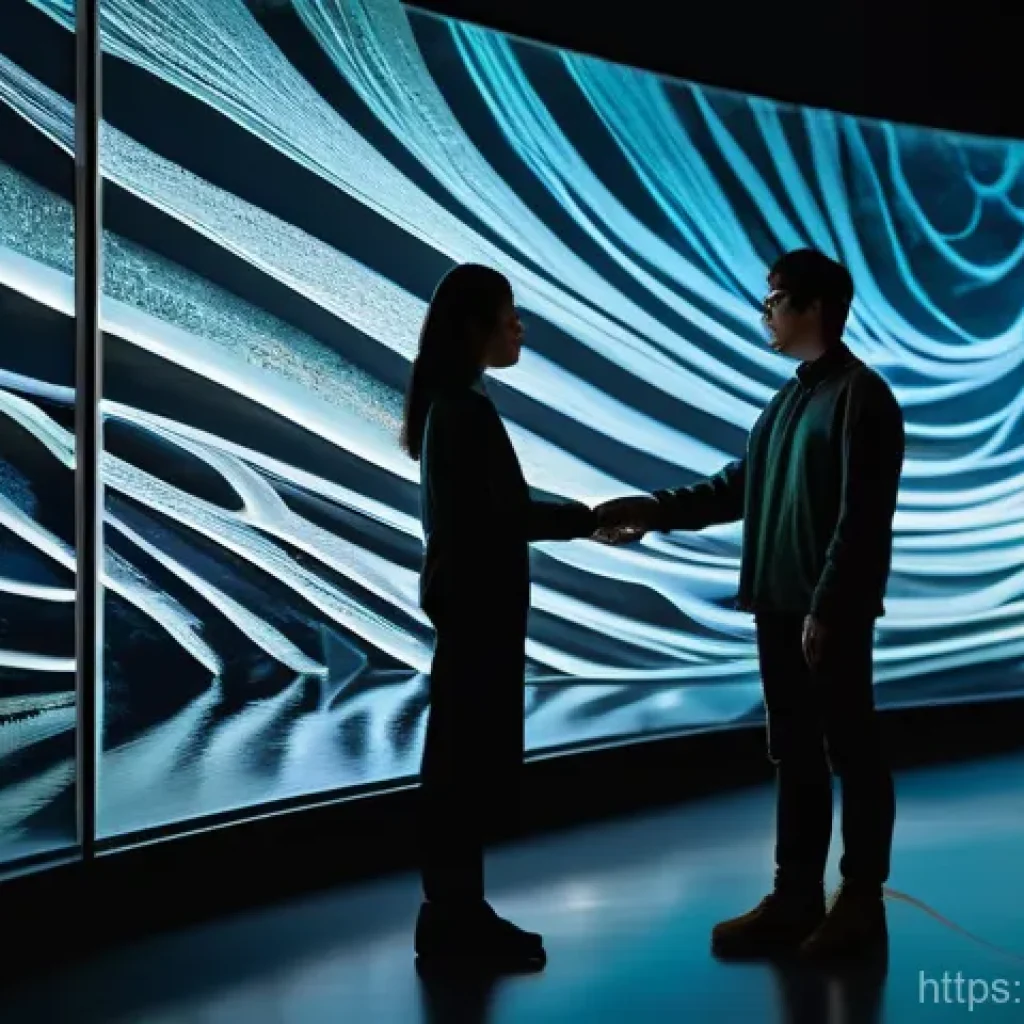 물성매력 디자인에서의 데이터 시각화 - **Immersive Sensory Data Experience:** A stylish young woman, dressed in modern, comfortable clothin...