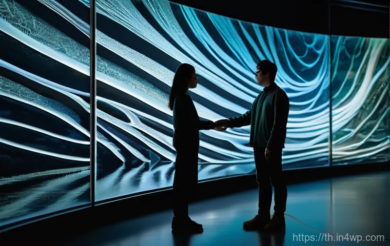 물성매력 디자인에서의 데이터 시각화 - **Immersive Sensory Data Experience:** A stylish young woman, dressed in modern, comfortable clothin...