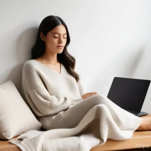 물성매력 디자인에서의 브랜드 연계성 - A serene and minimalistic living space bathed in warm, natural sunlight. A young woman in her late 2...