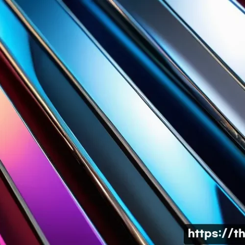 Home 32 물성매력 디자인을 위한 색채 이론 - A hyper-realistic close-up of a glossy metallic surface reflecting intense bright light, showcasing ...