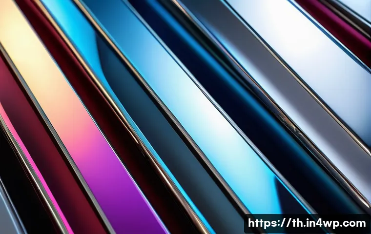 물성매력 디자인을 위한 색채 이론 - A hyper-realistic close-up of a glossy metallic surface reflecting intense bright light, showcasing ...