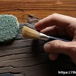 물성매력 디자인을 위한 도구 소개 - A highly detailed close-up of an artisan’s hand using various fine brushes and dense sponges on wood...