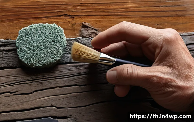 물성매력 디자인을 위한 도구 소개 - A highly detailed close-up of an artisan’s hand using various fine brushes and dense sponges on wood...