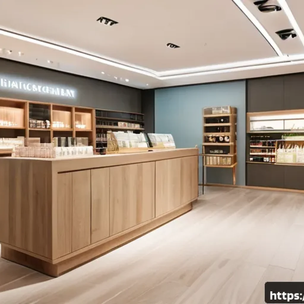 물성매력 디자인에서의 색상 심리 - A sophisticated retail interior design scene showcasing the harmonious blend of warm pastel colors w...
