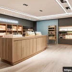 물성매력 디자인에서의 색상 심리 - A sophisticated retail interior design scene showcasing the harmonious blend of warm pastel colors w...