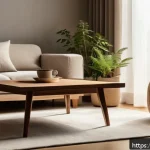 물성매력 디자인의 심리적 효과 - A cozy living room scene featuring a warm wooden coffee table with natural grain texture, soft velve...