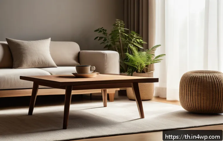 물성매력 디자인의 심리적 효과 - A cozy living room scene featuring a warm wooden coffee table with natural grain texture, soft velve...